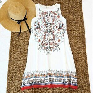 Max Studio Women's Mini Dress Size XS Relaxed Sheath White Colorful Bohemian